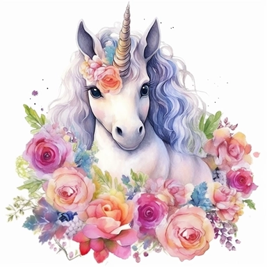 cute baby unicorn, clipart, watercolor, playing in the flower garden
