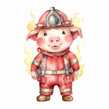 Clip art ,cartoon pig who is a fireman watercolor, no background