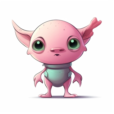 cute alien with short rounded cartoon hands, soft, pastel-colored skin and floppy ears. full body side view. cartoon anime style. clipart.