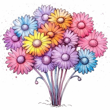 funny cute cartoon pink, purple, blue, pink pompon daisy FLOWERS, clipart, watercolor technique, black contour lines, octane render, K8,