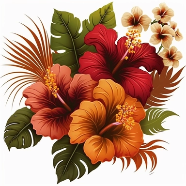 floral accents, blooming flowers like hibiscus, orchids, and plumeria. Use coral and brown colors to make them look vibrant and fresh. clipart