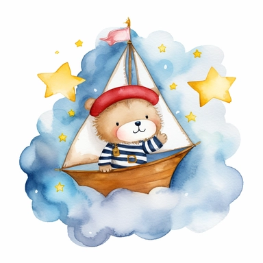 dreamy night sky clouds and a swarm of golden stars. a cute plushie sailor bear in a blue and white striped shirt and a sailor hat and a small red bowtie, in a wooden sailboat with a white sail, sailing on fluffy clouds, not sea. prominent visible brush strokes, watercolour texture, watercolor clipart png on white background