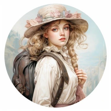very beautiful girl with schoolbag, vintage, white background, round clipart with pastel color, detailed and lovely Renaissance painting
