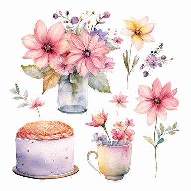 Watercolor birthday accesories, flowers, white background, watercolor, hyperrealism, high detail, isolated elements, set, clipart