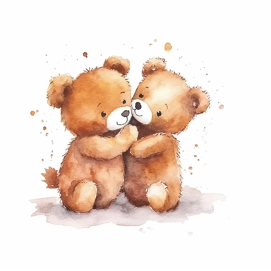 a minimal watercolor clipart of brown teddy bears kissing each other, white background
