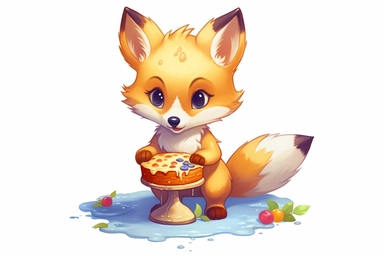 cute anime baby fox eating slice of cake clipart, fruit around, hd, on white background, spaced out