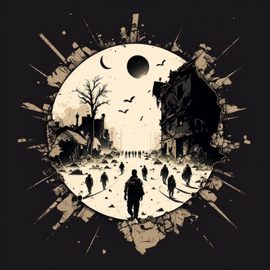 Creative graphic design, design, WW2, A group of soldiers with an M4 weapon, upper drone view, a tired faces, Walking in an open area in the middle of a refugee camp, lots of pipe bombs scattered in the area, full moon black and white, wrecked streets, dead body, explosions in the background, a war zone, scattered, on a refugee camp, war, dead people, dark sky, no hope, sepia colors, black and white, dark, deep pain, people in tremendous suffering, EPIC, Dark collage, clipart, graphic, illustrat