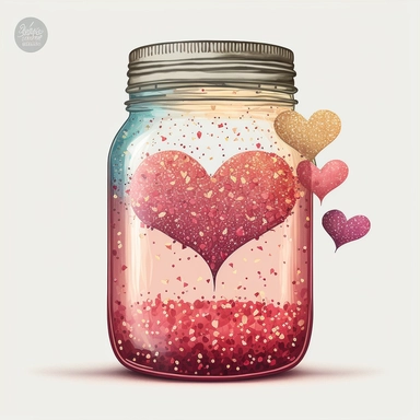 mason jar with hearts and glitter clipart, vector, 2d