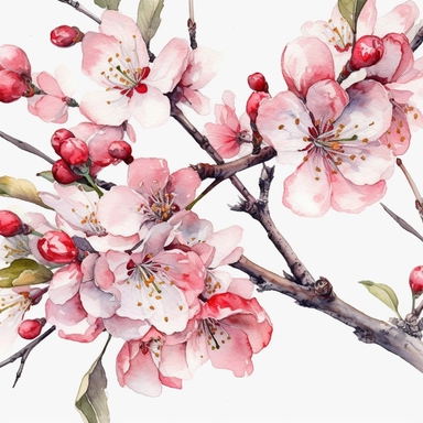 watercolour painting cherry blossom flowers close up clip art prunus cherry tree detailed flowers detailed bark and branches clipart on white background
