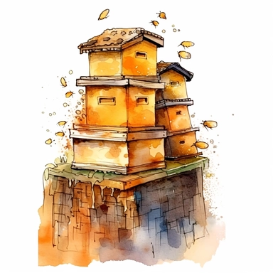 watercolor, An artistic representation of a Warré hive, known for its vertical stacking system, with bees gracefully entering or exiting the hive's multiple boxes. (Digital drawing clipart, image black border color, full body, flat texture, transparent background)