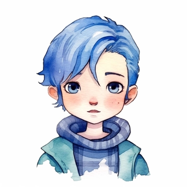 watercolor clip art on white background of a trans girl with short blue hair named Gwen