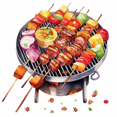 grill grilling tools barbeque kabobs watercolor clipart no captions white background