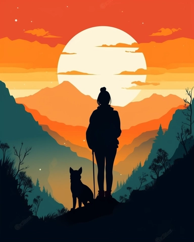 clipart element, simple, flat colors, vector, woman and husky dog silhoutte in front of mountain, sunrise, journey,