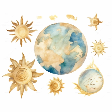 a single clipart of a beautiful ornate earth planet, watercolours and shiny gold glitter watercolor clipart png on white background with free margins