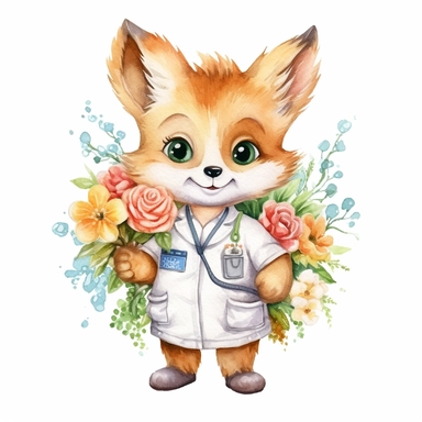watercolor clipart, white background, cute smiling baby fox, smile, in style doctor, In a medical uniform, in the paws a bouquet of flowers, high solution