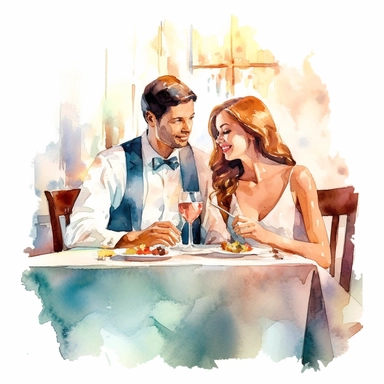 watercolor clipart on a white background of a beautiful rich couple having dinner in an expensive restaurant
