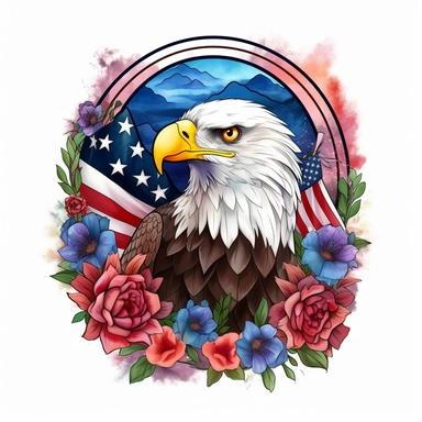 Patriotic American Eagle Coaster Flowers Watercolor Sublimation Clipart, Clipart, white background, no watermark, no text, no word,