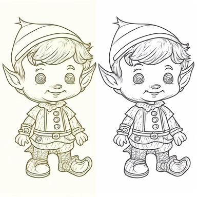 clip art coloring book page for toddler. four different images of an Elf. white background. simple line drawing. very low detail.