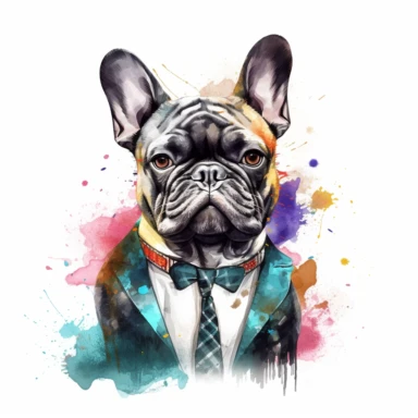 mafia king french bulldog, watercolor clipart, minimalist, bright colors, isolated white background, 8k