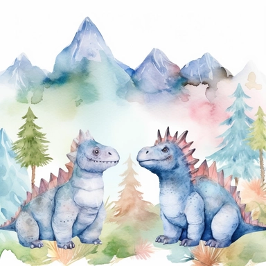 friendly, fluffy watercolor dinosaurs clipart, pastel colors, in the mountains, forest, separated, seamless, transparent background--AR 3:2