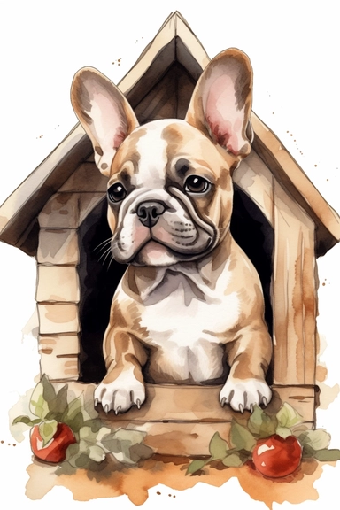 frenchie bulldog baby in a dog house, cute, adorable, unique, watercolor, clipart, high quality, realistic, 8k