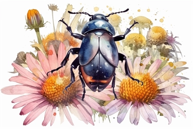 Watercolor, Generate an image of a beetle crawling on a coneflower, aiding in the transfer of pollen and contributing to the reproduction of these popular garden flowers, clipart, hd, on a white background, spaced out