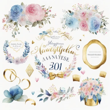 watercolor marriage anniversary clipart collection, white background, white, pink, blue and gold illustrations