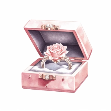 Shiny white diamond bridal ring inside rose embellished baby pink vintage and rose decorated box, in a feminine style popular on Etsy, isolated on a white background, high resolution, highly detailed, watercolor clipart illustration, soft pastel color theme, baby pink, 8k UHD isolated image on white background, hyper - realistic high resolution,