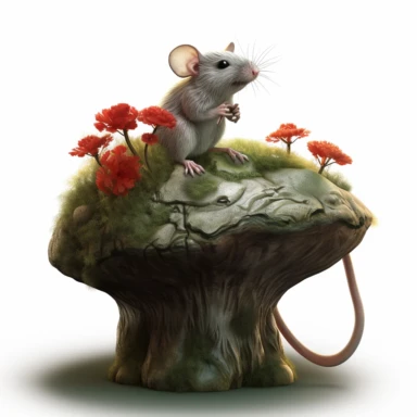 t: An inquisitive clipart mouse with sleek gray fur, standing upright on a mossy tree stump, delicately sniffing a vibrant red flower, surrounded by a dense enchanted forest, tall ancient trees reaching toward the sky, ethereal mist weaving through the branches, imparting an aura of mystery and magic, Sculpture, using clay and wire to capture the mouse's intricate details,
