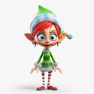 clipart of a crazy female christmas elf, there is a funny face on it, cartoon, for kids, funny, pixar, 8k, white background, sharp focus, detailed,