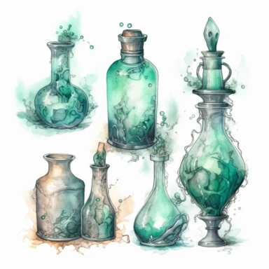 witch potions , in the style of mystic mechanisms ,pencil art illustrations, Isolated white background, reimagined by industrial light and magic, lith printing, illusory images, watercolor clipart, very subtle emerald tones, , ,