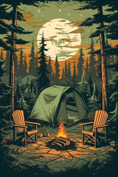 camping scene with campfire, chairs, and tent in the woods during the summer months. vector clip art illustration, detailed, rustic