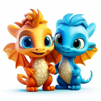 cute orange and blue two-tone sibling dragons clipart in pixar style