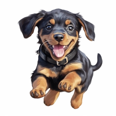 single isolated asset, cute happy Rottweiler puppy dancing, front view, chibi style, watercolor, professional vector clipart, white background
