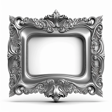 A single vintage silver frame clipart with a glossy, reflective finish and a rounded rectangular shape. The intricate details of the frame are highlighted by the shine of the silver, creating a modern and sleek look. The background is a soft gray with a subtle texture, adding depth and dimension to the design. [1], [2], [3], [4], photography, Close-up macro photography with a wide-angle lens, creating a shallow depth of field and emphasizing the intricate details of the frame. Shot on a Canon EO