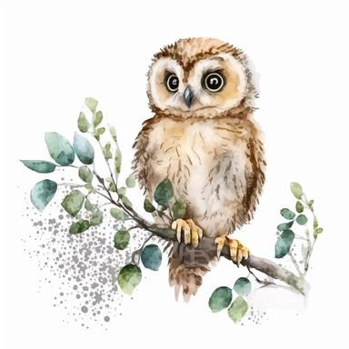 baby owl Clipart Watercolor, white background, cute, realistic style in woods detailed