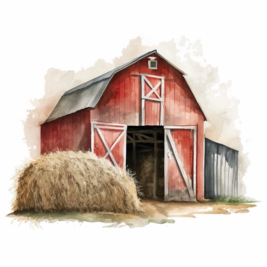 piles of hay in a red and white barn with an open barn door watercolor clipart, white background