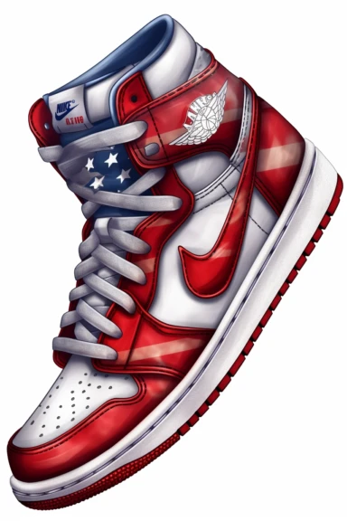 The Nike Air Jordan Retro 1 OG sneaker in the style of the American flag, sneakers, clipart, bundle, PNG file, Nike, USA, 4th of July, Fourth of July, Independence Day, clipart, cut-out, white background, realistic,