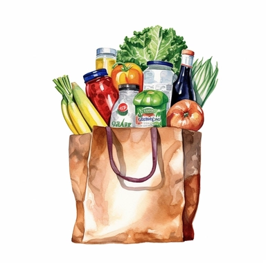 watercolor detailed illustration of Grocery bag with a variety of groceries peeking out, clipart, white background