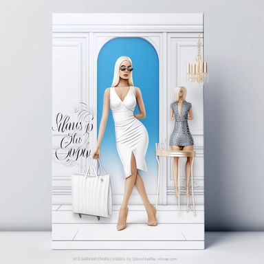 full view, clipart illustration, beautiful blonde lady posing dressed in white bodycon dress, standing in beautiful room with designer clothes on clothes rack and shopping bag, sharp focus, high detail, 8k, photo realistic, transparent background, (--iw 5)