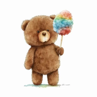 Watercolor brown fluffy jointed plain Teddy Bear standing and holding a lolipop, clipart, happy, white background, no captions or text