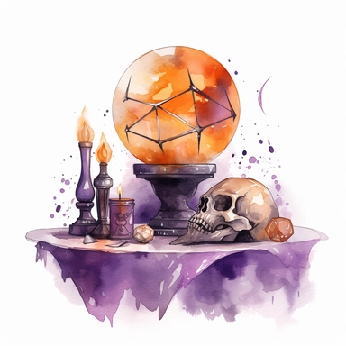 hand drawn glowing crystal ball sitting on a table with crystals, tarot cards, a wand, candles and a pumpkin, Halloween, purple and orange shades,fantasy, glamorous, , clipart style, detailed and realistic, watercolor, white background with margins