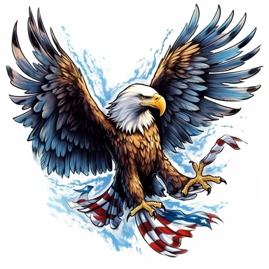 Eagle spread their wings and their feet pounce clipart, and and the American flag blends in with the eagle's feathers, watercolor Illustration clipart, 4K, extremely detailed Sublimation Clipart,Cartoon,hyper realistic, intricate detail, illustration style,high solution,on the white background