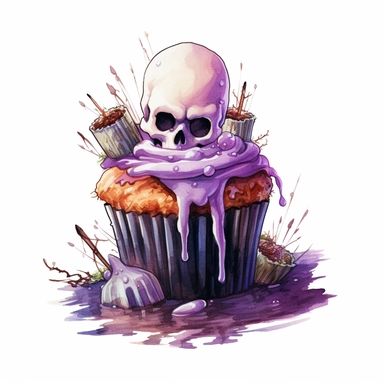 delicious halloween cupcake with grave stones , watercolour illustration clipart, extremely detailed, 4k, high quality, colour scheme black, silver and purple , isolated on white background