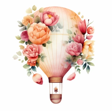 Stunning watercolor hot air balloon with flower clipart, white background