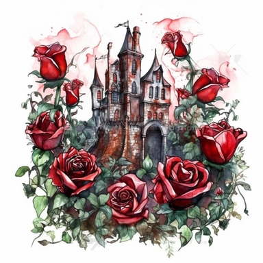 beautiful victorian gothic fortress, overgrown with very big colorful red roses and green plants, in the style of dark intense colors, oh my god is this beautiful, watercolor, clipart, white background
