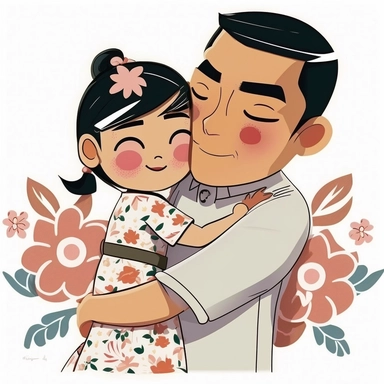 Asian father in a chef suit hugging his daughter wearing a cute floral dress Clip Art, set against a white background