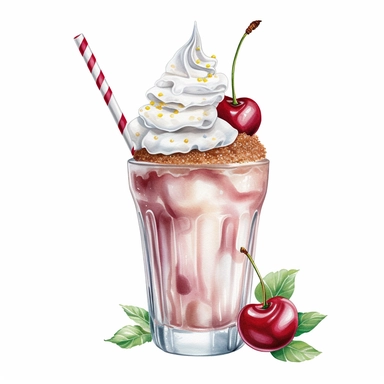 create a beautiful highly detailed watercolor clipart image of a large old fashioned CHERRY milkshake with whipped cream and a CHERRY to garnish the sugar covered ON TOP, white background, no text, no font