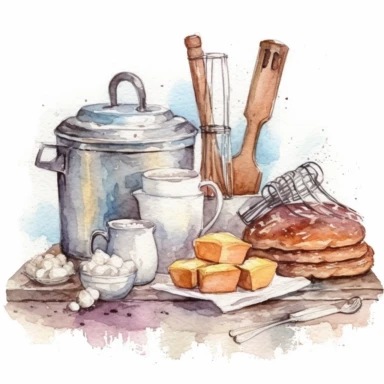 Still life illustration with kitchen equipment. Watercolor composition with baking tools, flour, eggs, butter, cinnamon sticks, cake on stand Bakery menu, pastry shop. Vintage rustic style clip art