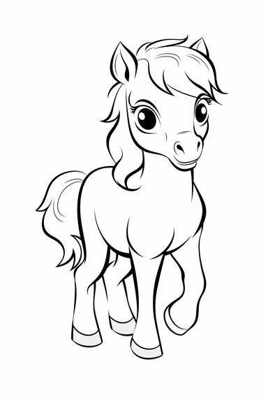 pixar baby Horse clipart, simple line art, monocromatic, isolated on white background, color image, full body, stroke line art, for toddler coloring, 8k